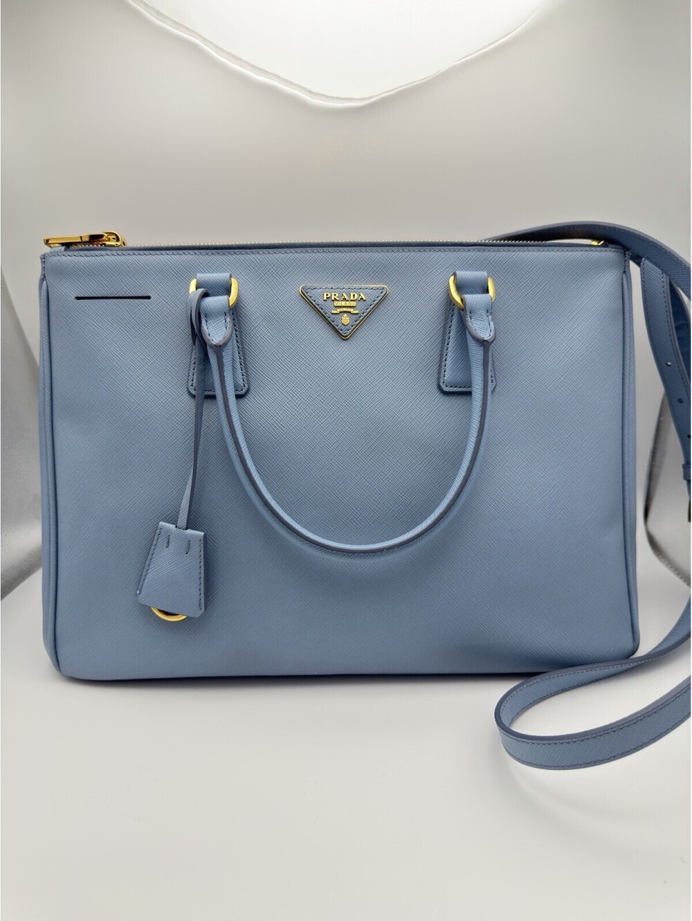 Authentic Prada Saffiano Leather Lux Medium Double Zip Tote Strap Light Blue COA